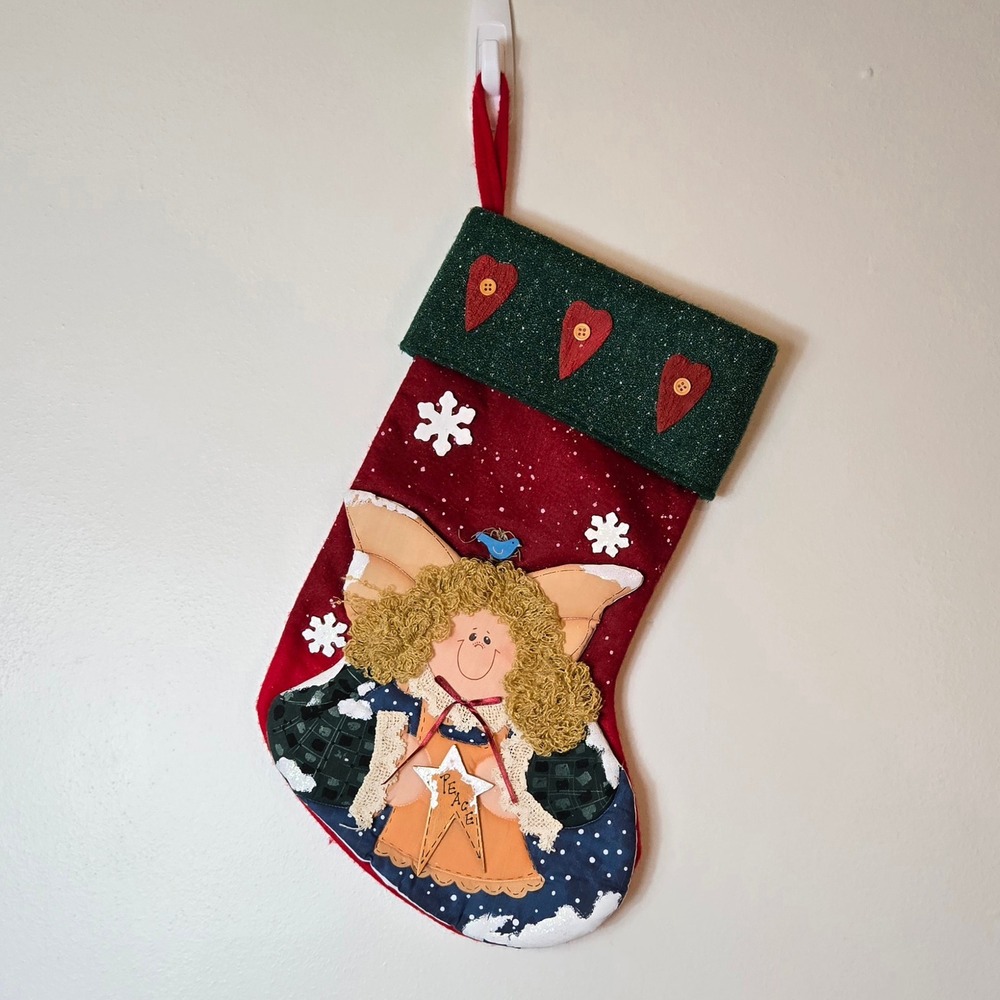 Vintage Wal-Mart Christmas Stocking Red Green Angel 3D Applique Peace Star Folk